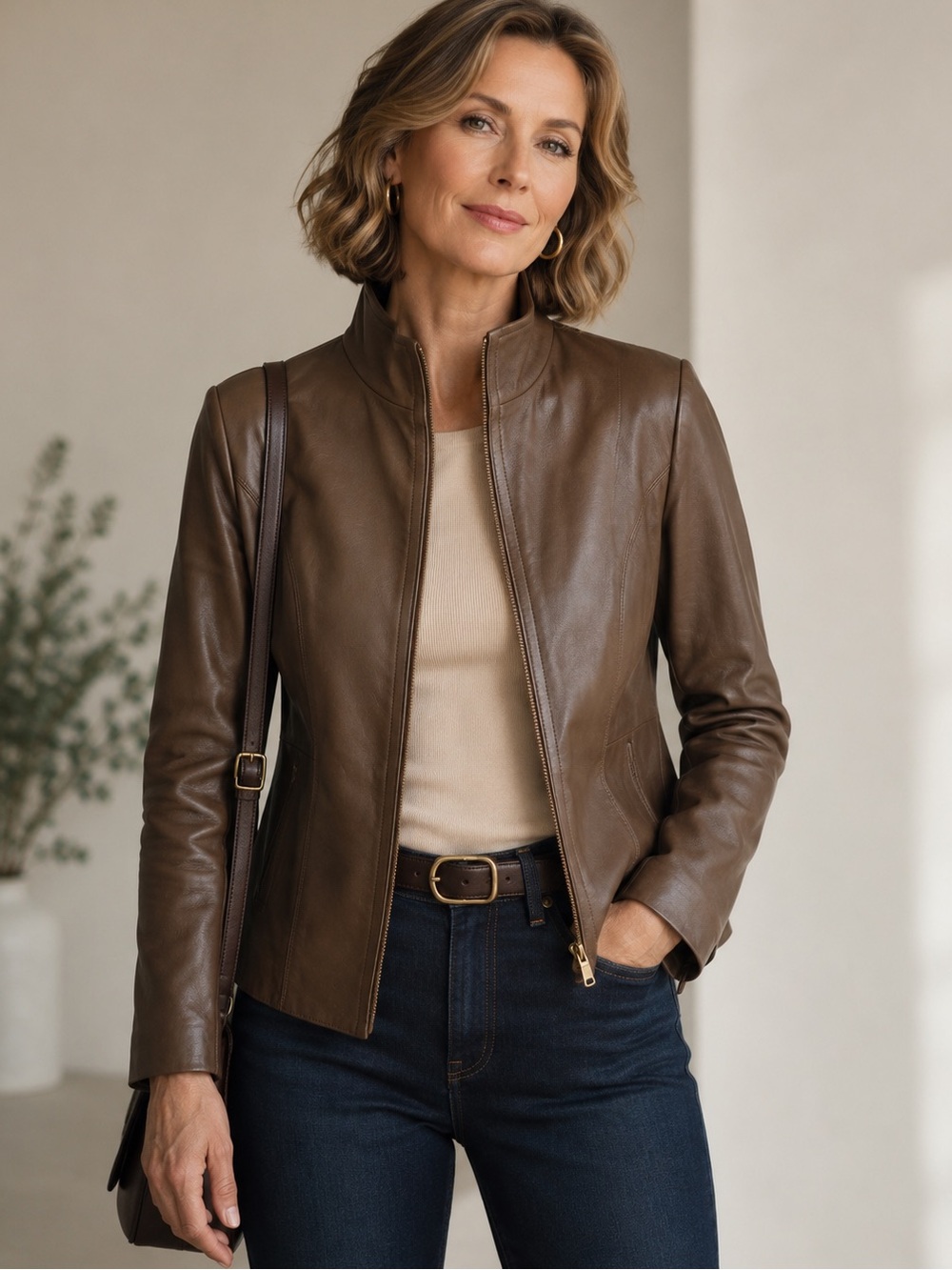 Cole Haan Brown Leather Zip Jacket New Without Tag M